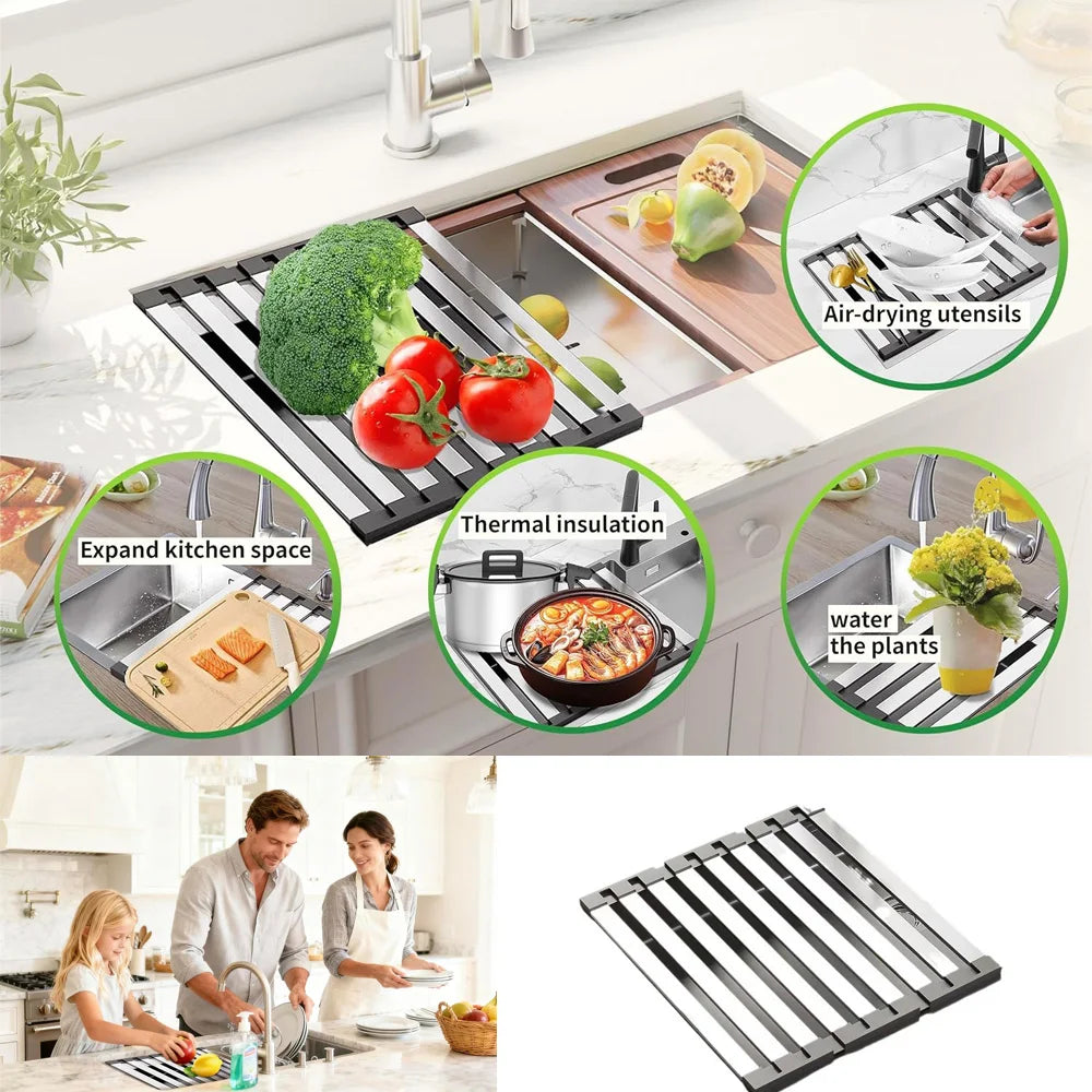 Roll-Up Over Sink Dish Drying Rack – Stainless Steel Kitchen Sink Drainer
