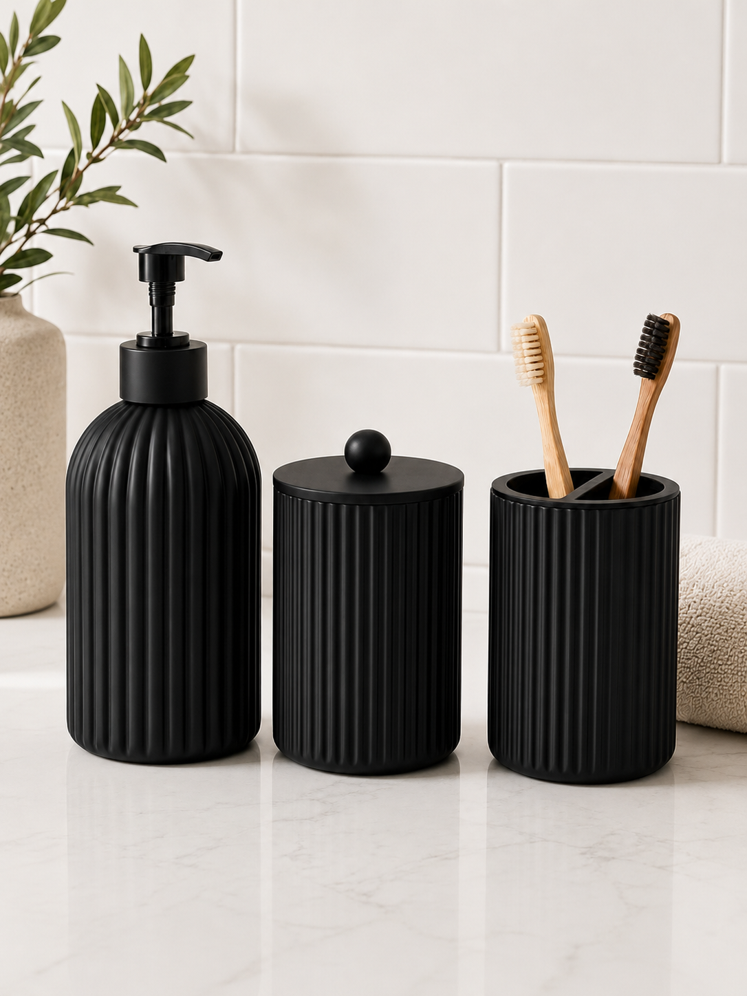 Bathroom Countertop Organizer Set – Soap Dispenser, Toothbrush Holder & Storage Containers