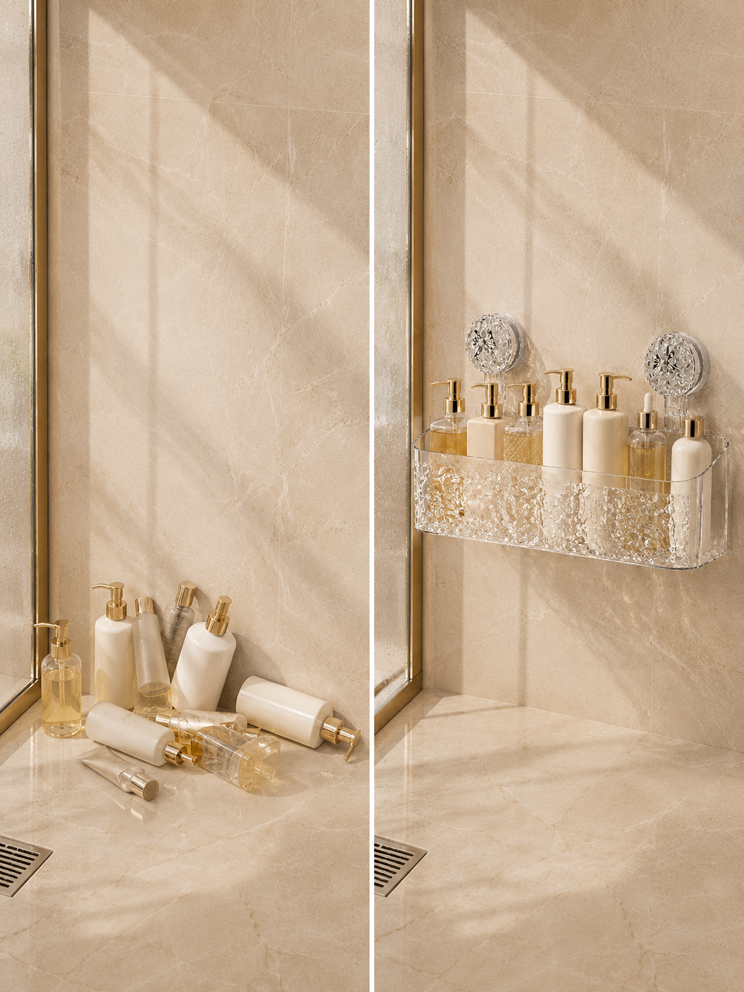 No drill-Adhesive Wall Mounted Bathroom Storage Basket – Suction Cup Shower Organizer