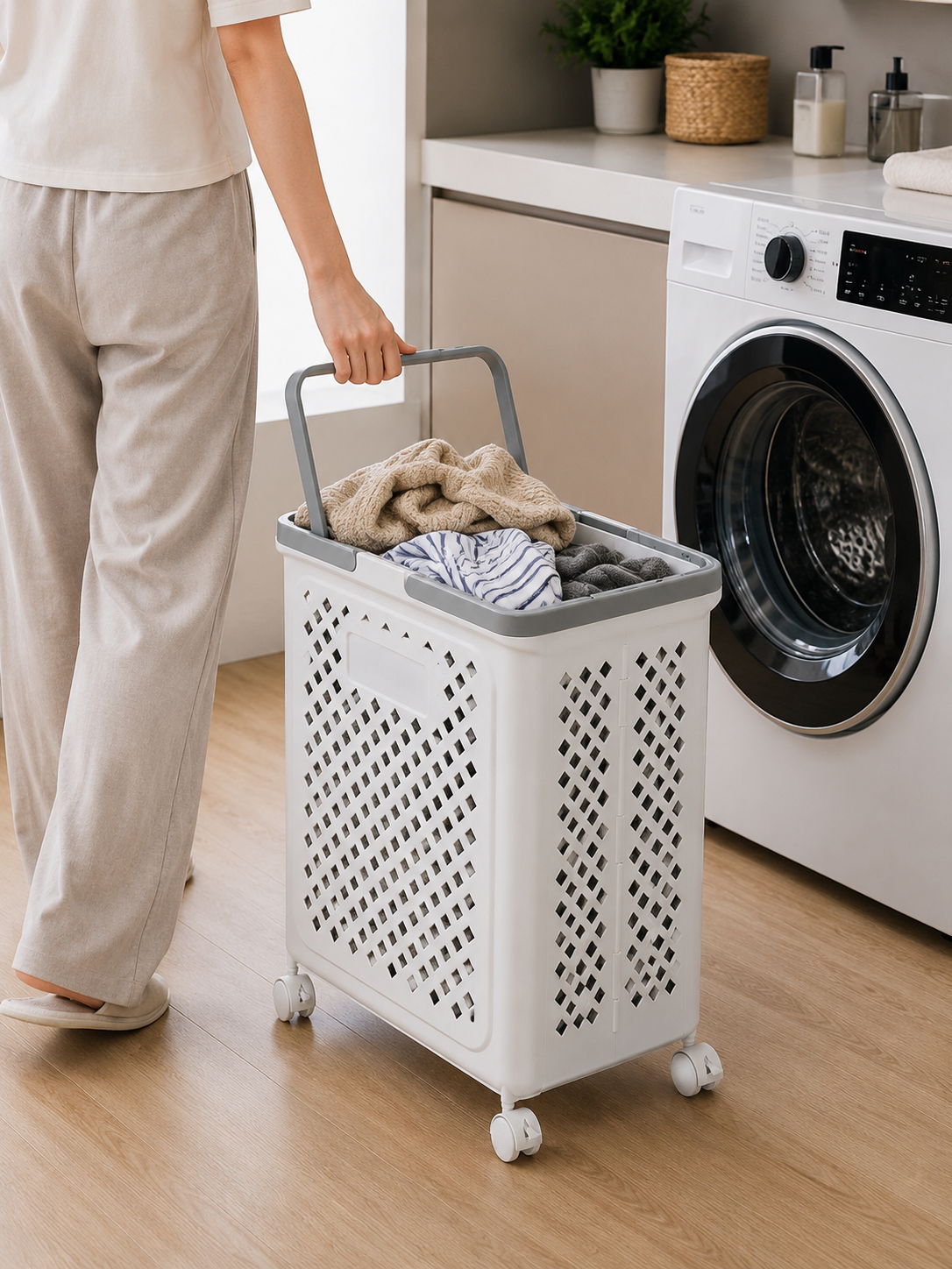 Foldable Rolling Laundry Hamper with Wheels & handle– Laundry Basket with Pop-Up Extended Handle