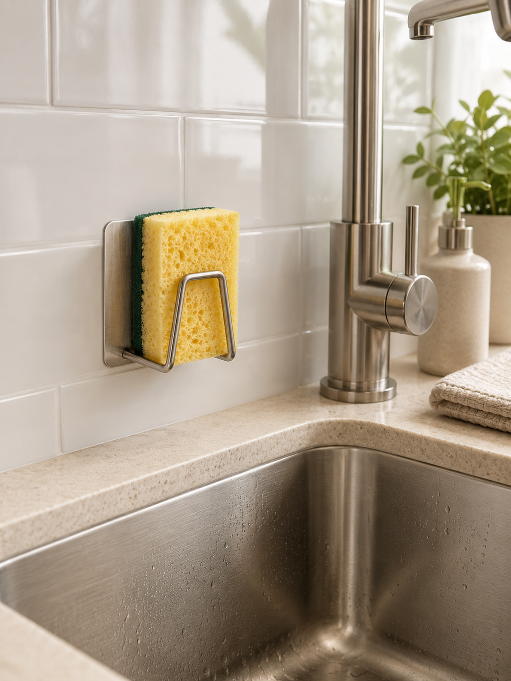 1/2/4 Piece | No-Drill Adhesive Sponge Holder – Under Sink Kitchen Sponge Caddy for Fast Drying | Metal