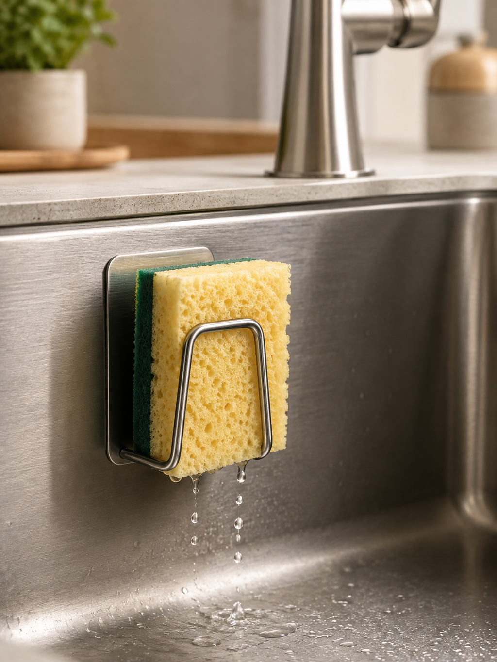 1/2/4 Piece | No-Drill Adhesive Sponge Holder – Under Sink Kitchen Sponge Caddy for Fast Drying | Metal