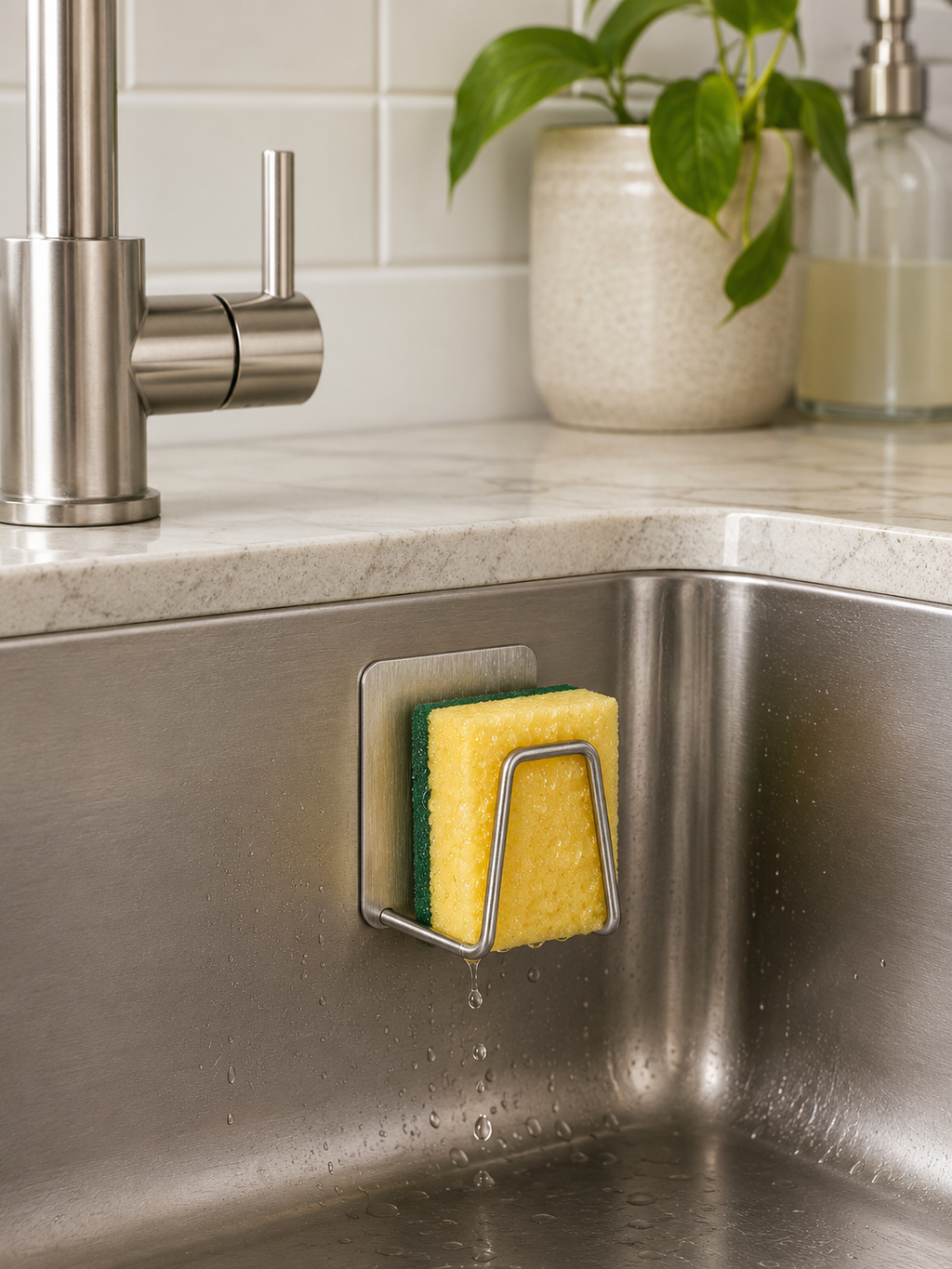 1/2/4 Piece | No-Drill Adhesive Sponge Holder – Under Sink Kitchen Sponge Caddy for Fast Drying | Metal