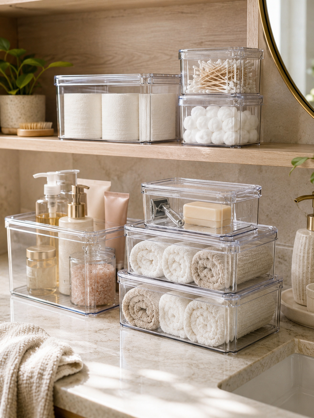 7-Pack Bathroom Organizer Bins with Lids – Stackable Clear Storage Containers with Handles |