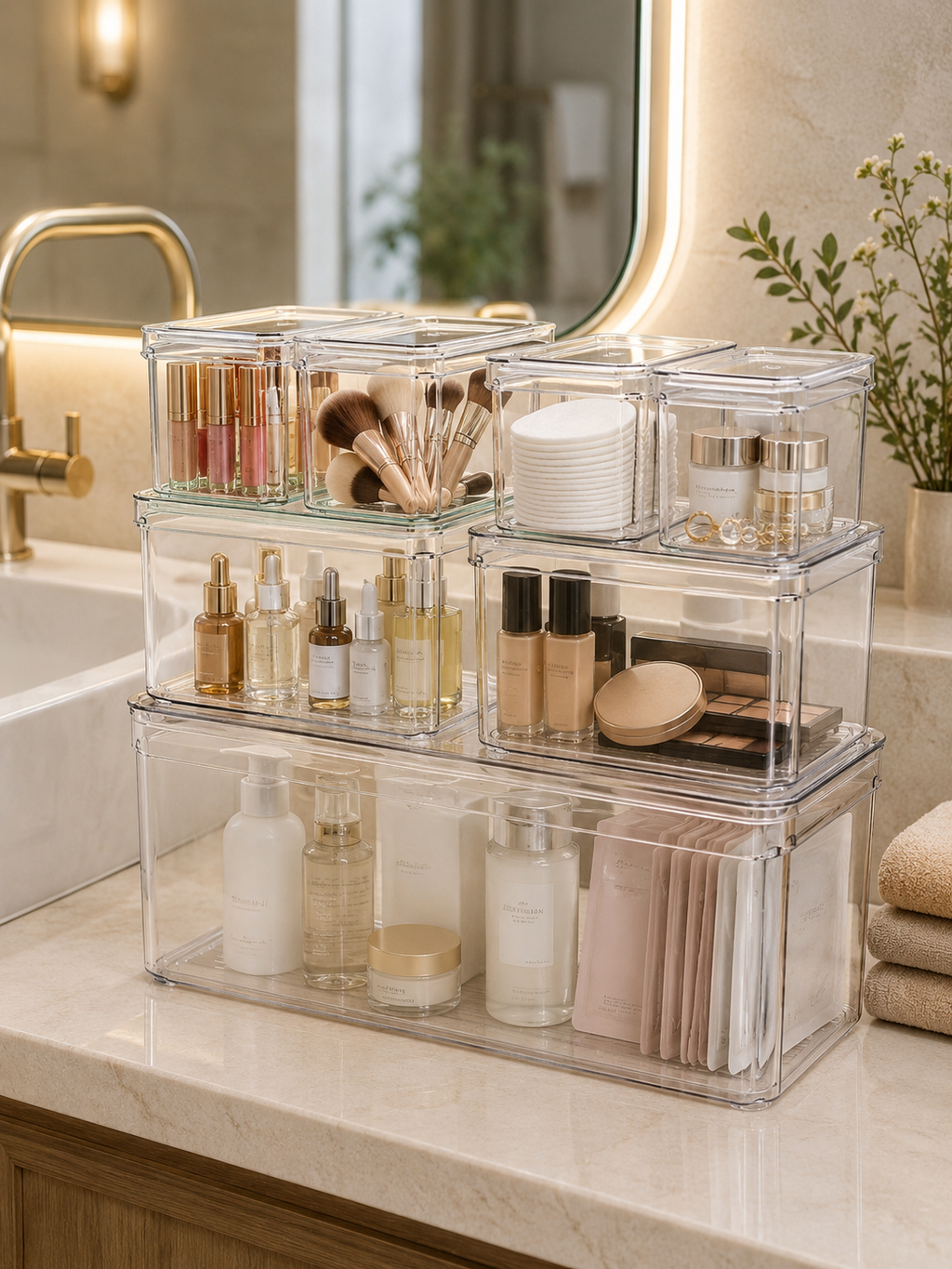 7-Pack Bathroom Organizer Bins with Lids – Stackable Clear Storage Containers with Handles |