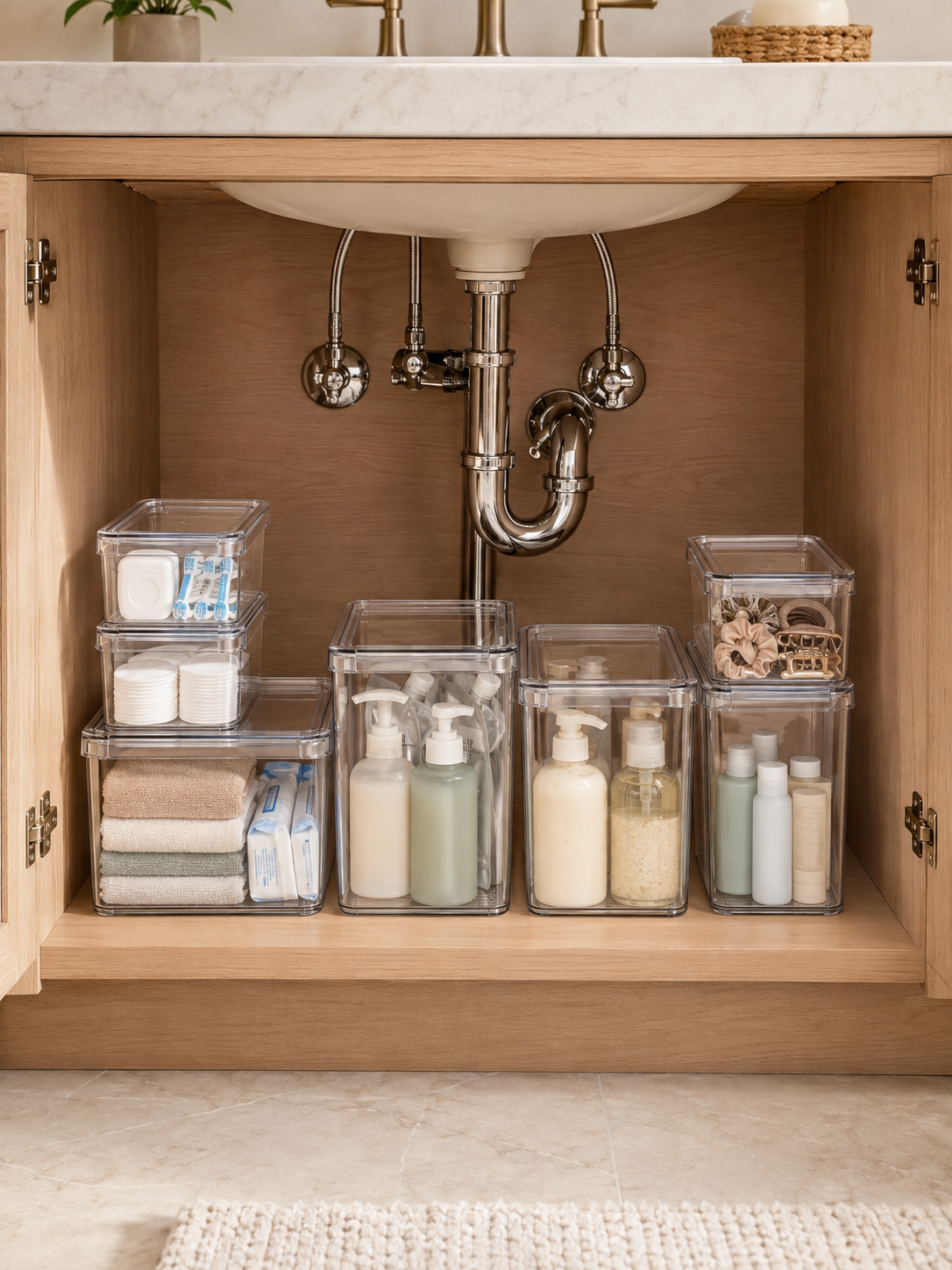 7-Pack Bathroom Organizer Bins with Lids – Stackable Clear Storage Containers with Handles |
