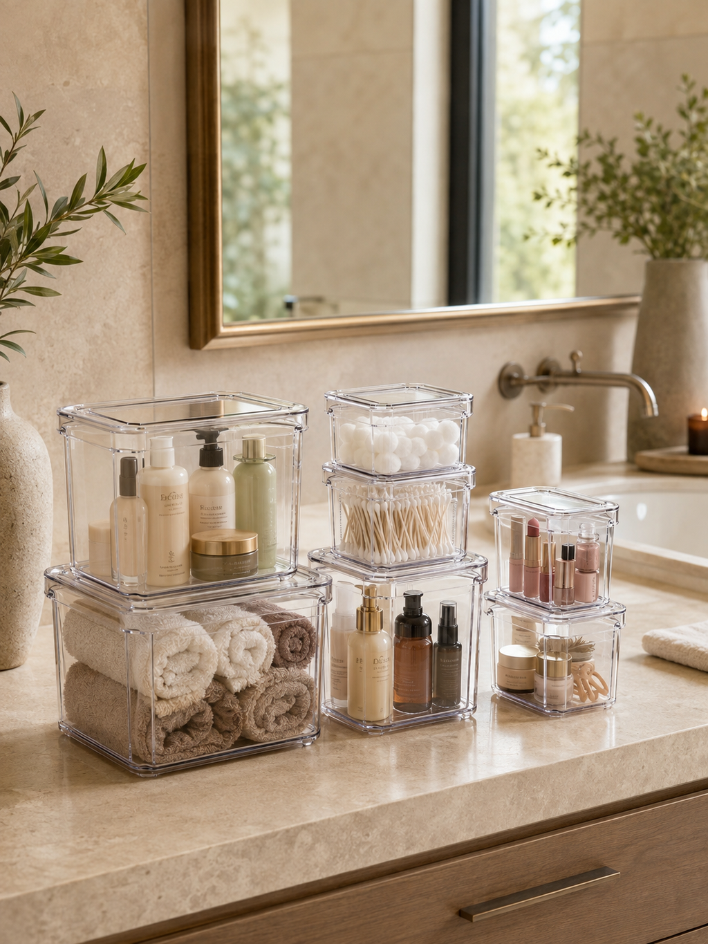 7-Pack Bathroom Organizer Bins with Lids – Stackable Clear Storage Containers with Handles |