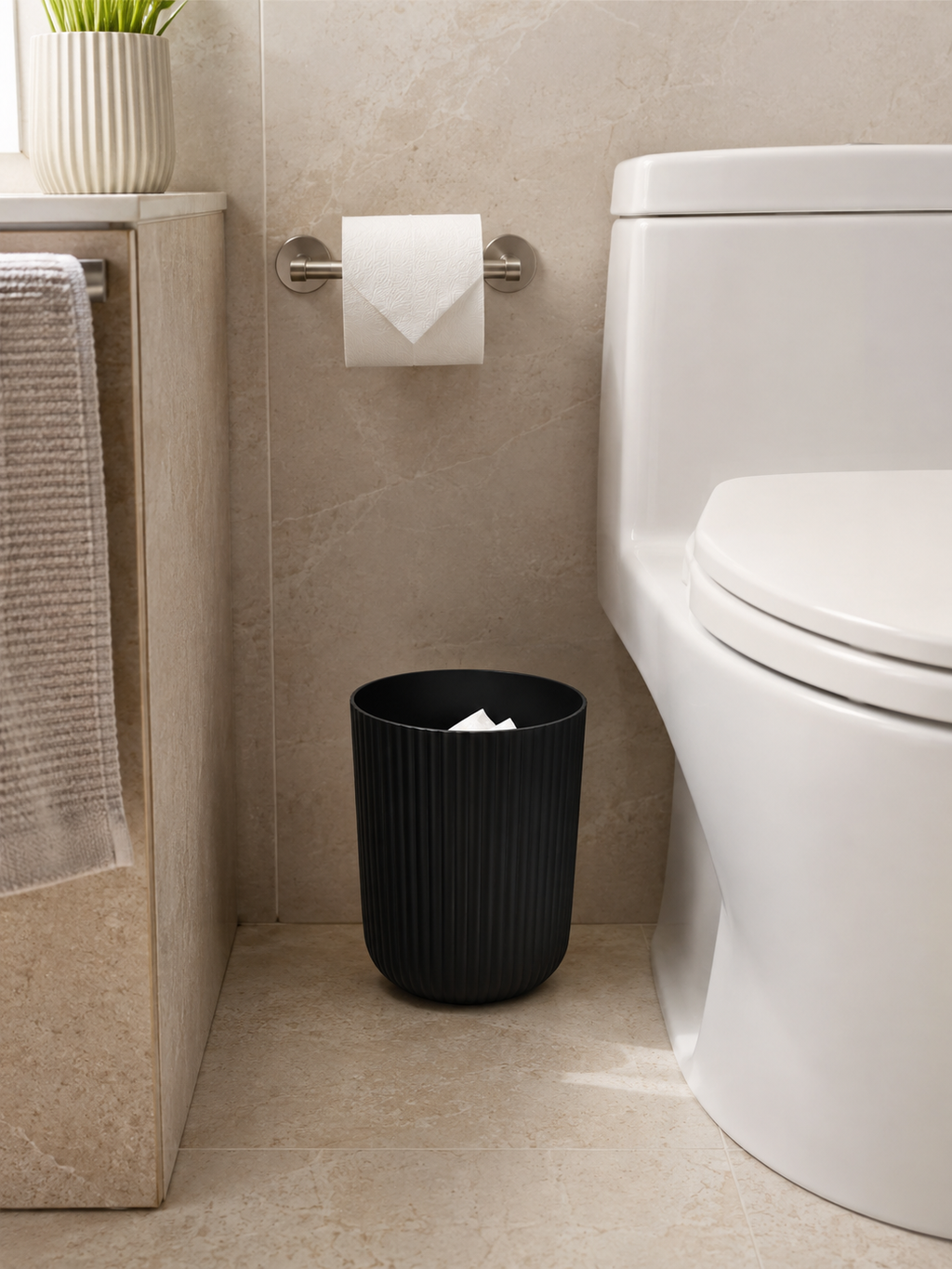 Ribbed Wastebasket – 1.64 Gallon Compact Trash Can for Bathroom | Black