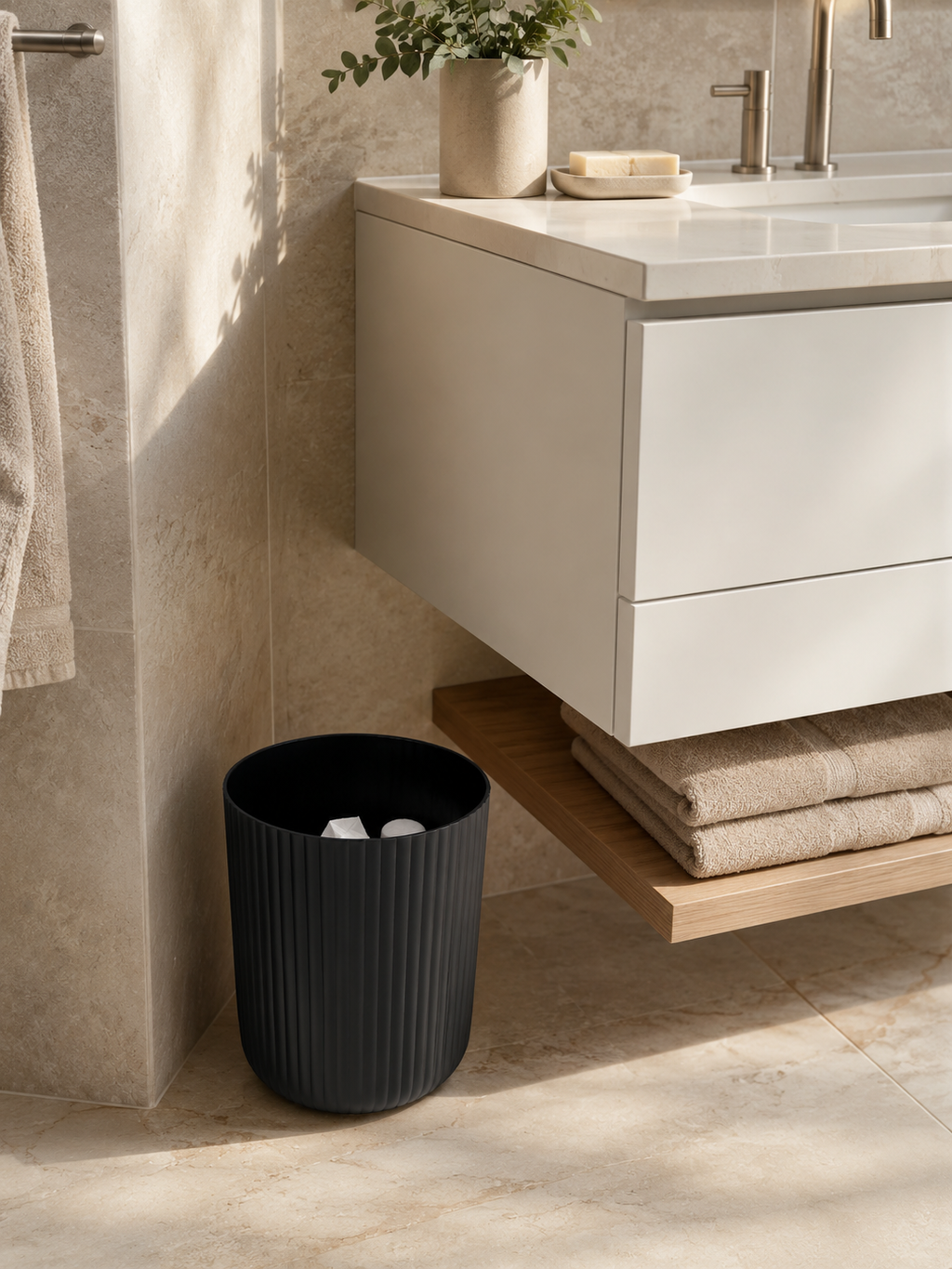 Ribbed Wastebasket – 1.64 Gallon Compact Trash Can for Bathroom | Black
