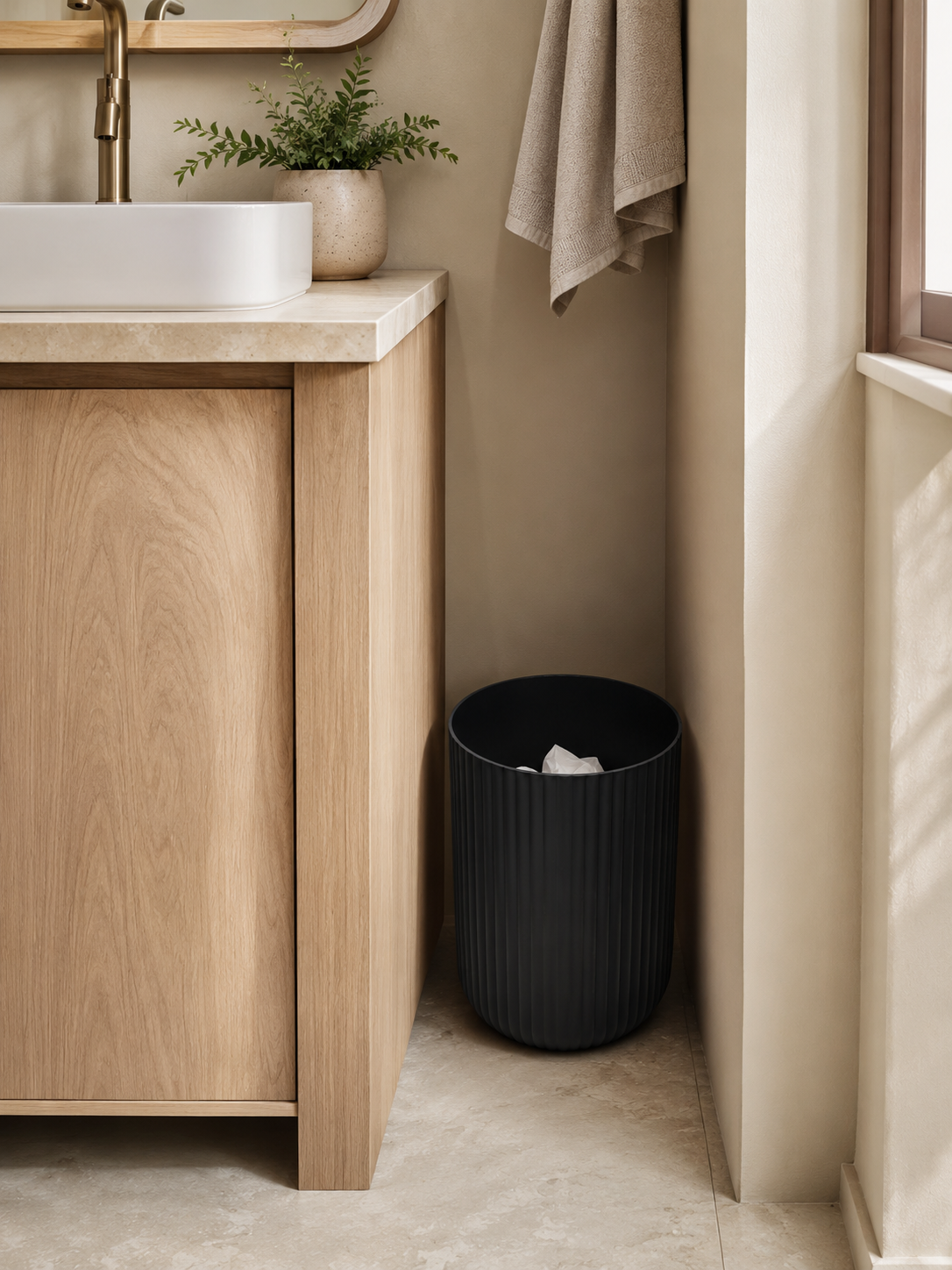 Ribbed Wastebasket – 1.64 Gallon Compact Trash Can for Bathroom | Black