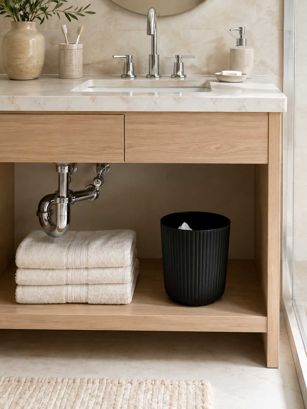 Ribbed Wastebasket – 1.64 Gallon Compact Trash Can for Bathroom | Black