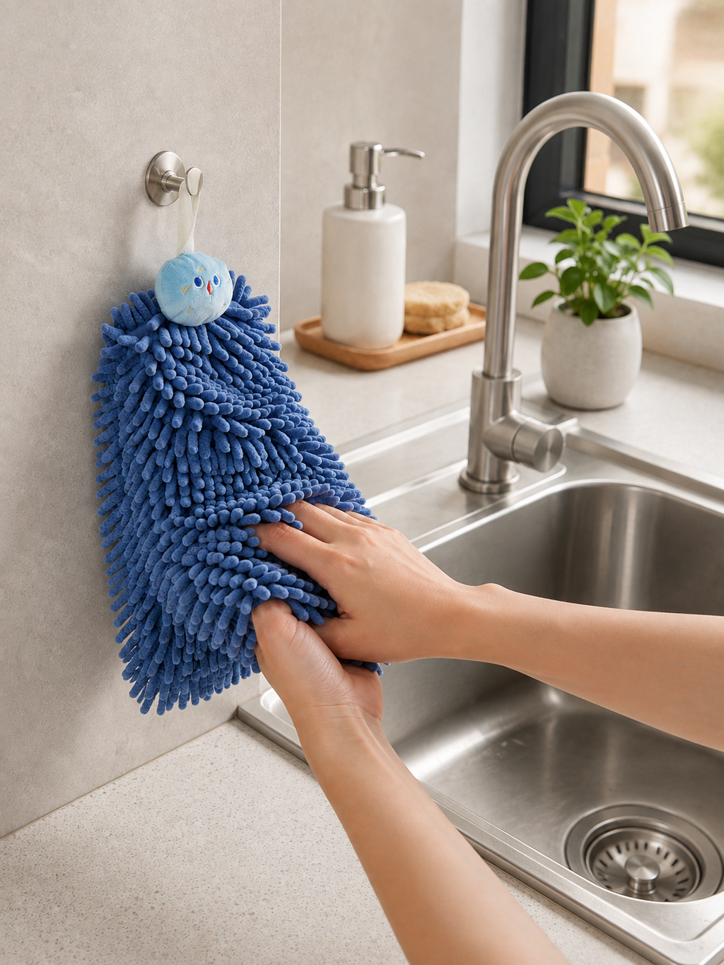 Kitchen | Chenille Hanging Hand Towel – Ultra-Absorbent Quick-Dry Micro-Fiber Towel with Loop | Kitchen | Blue