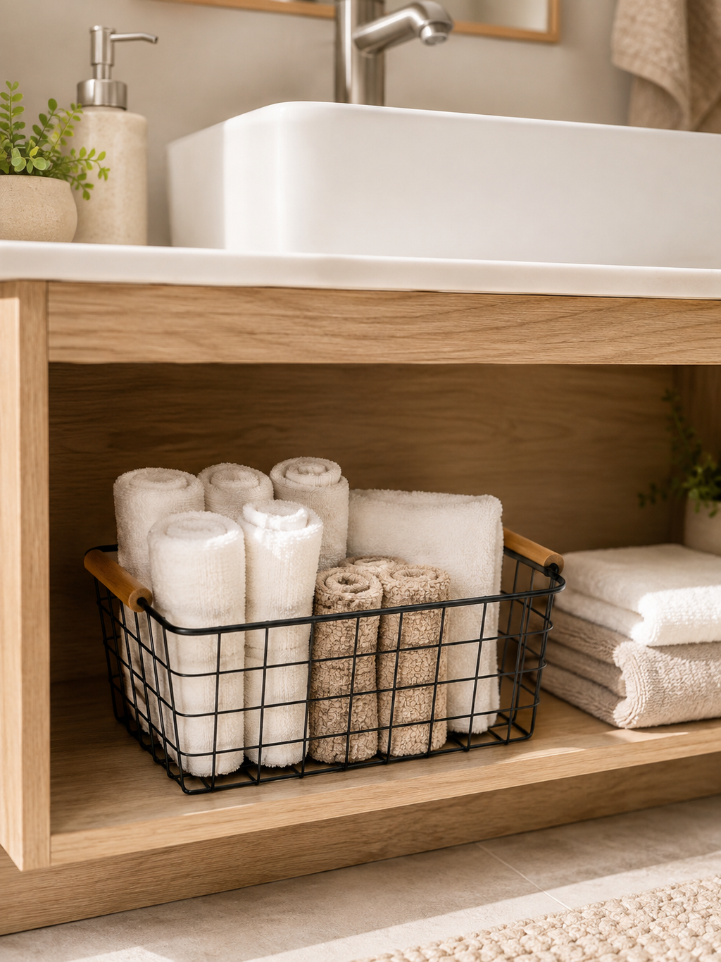 2 / 3-Pack Wire Metal Storage Basket – Iron Wire Rectangle Organizer with Wood Handle | Black