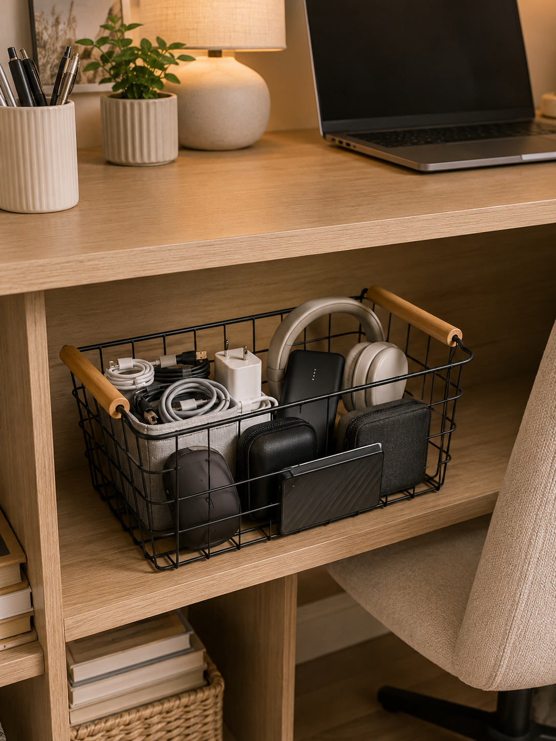 Desk & Closet | 2 / 3-Pack Wire Metal Storage Basket with wooden handles – Iron Wire Rectangle Organizer with Wood Handle | Black