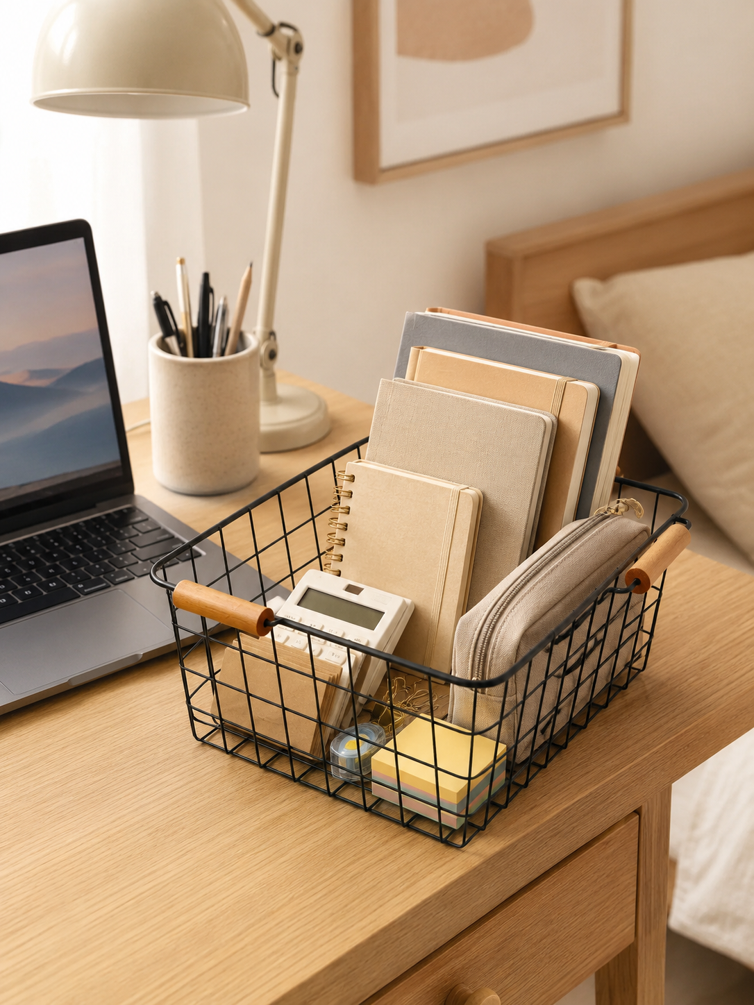 Desk & Closet | 2 / 3-Pack Wire Metal Storage Basket with wooden handles – Iron Wire Rectangle Organizer with Wood Handle | Black
