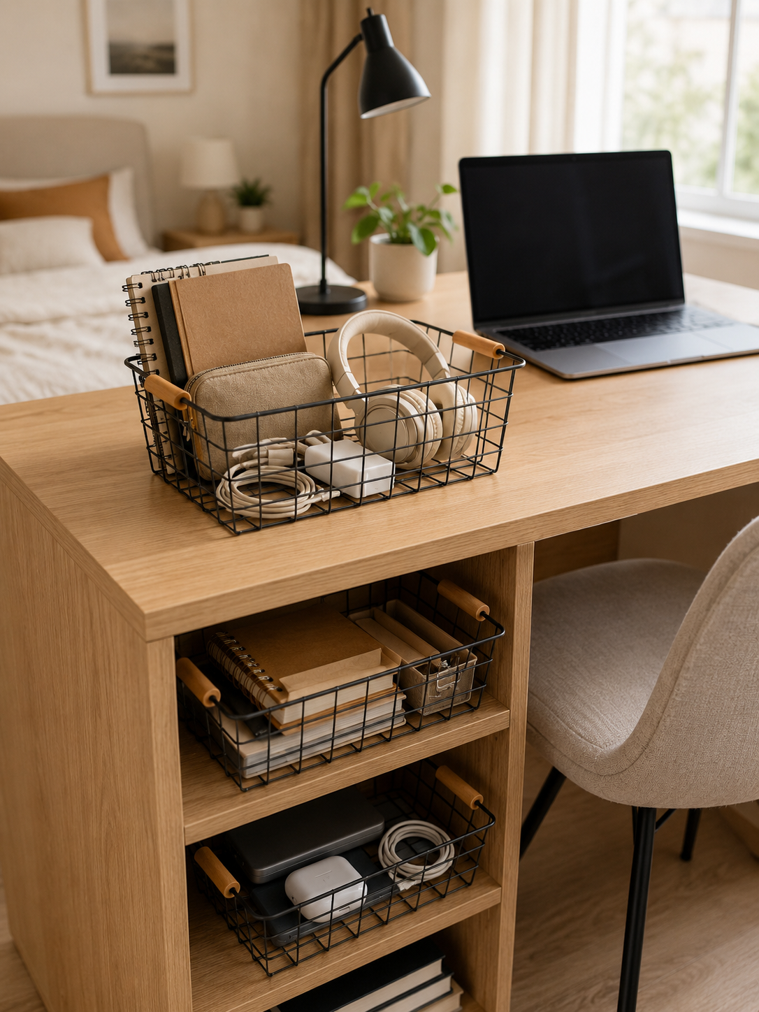 Desk & Closet | 2 / 3-Pack Wire Metal Storage Basket with wooden handles – Iron Wire Rectangle Organizer with Wood Handle | Black