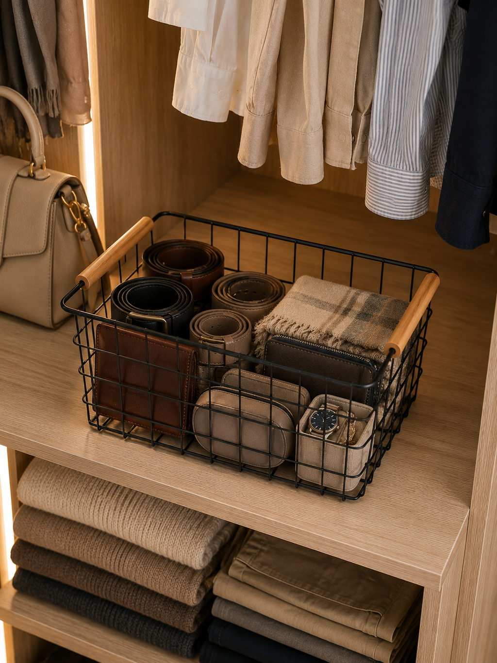 Desk & Closet | 2 / 3-Pack Wire Metal Storage Basket with wooden handles – Iron Wire Rectangle Organizer with Wood Handle | Black