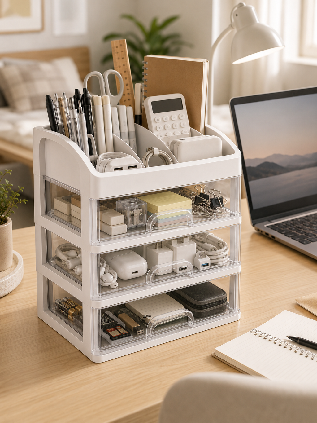 Multi-Layer Desk & Bedroom Organizer with Drawers – 4-Tier Desktop Storage Box | White