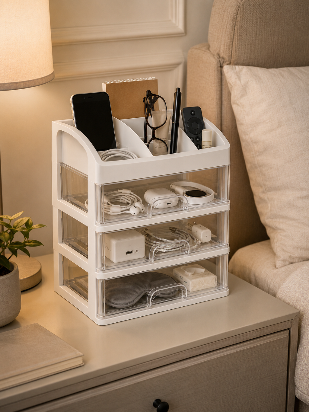 Multi-Layer Desk & Bedroom Organizer with Drawers – 4-Tier Desktop Storage Box | White