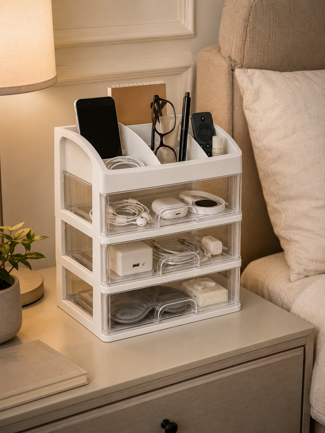 Multi-Layer Desk & Bedroom Organizer with Drawers – 4-Tier Desktop Storage Box | White