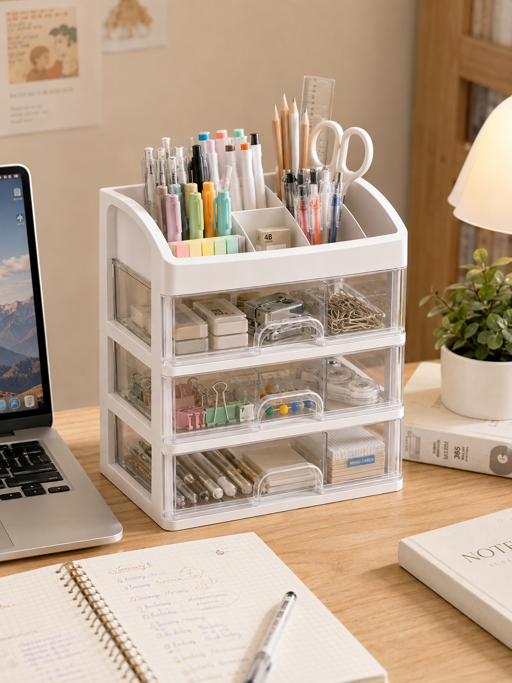 Multi-Layer Desk & Bedroom Organizer with Drawers – 4-Tier Desktop Storage Box | White