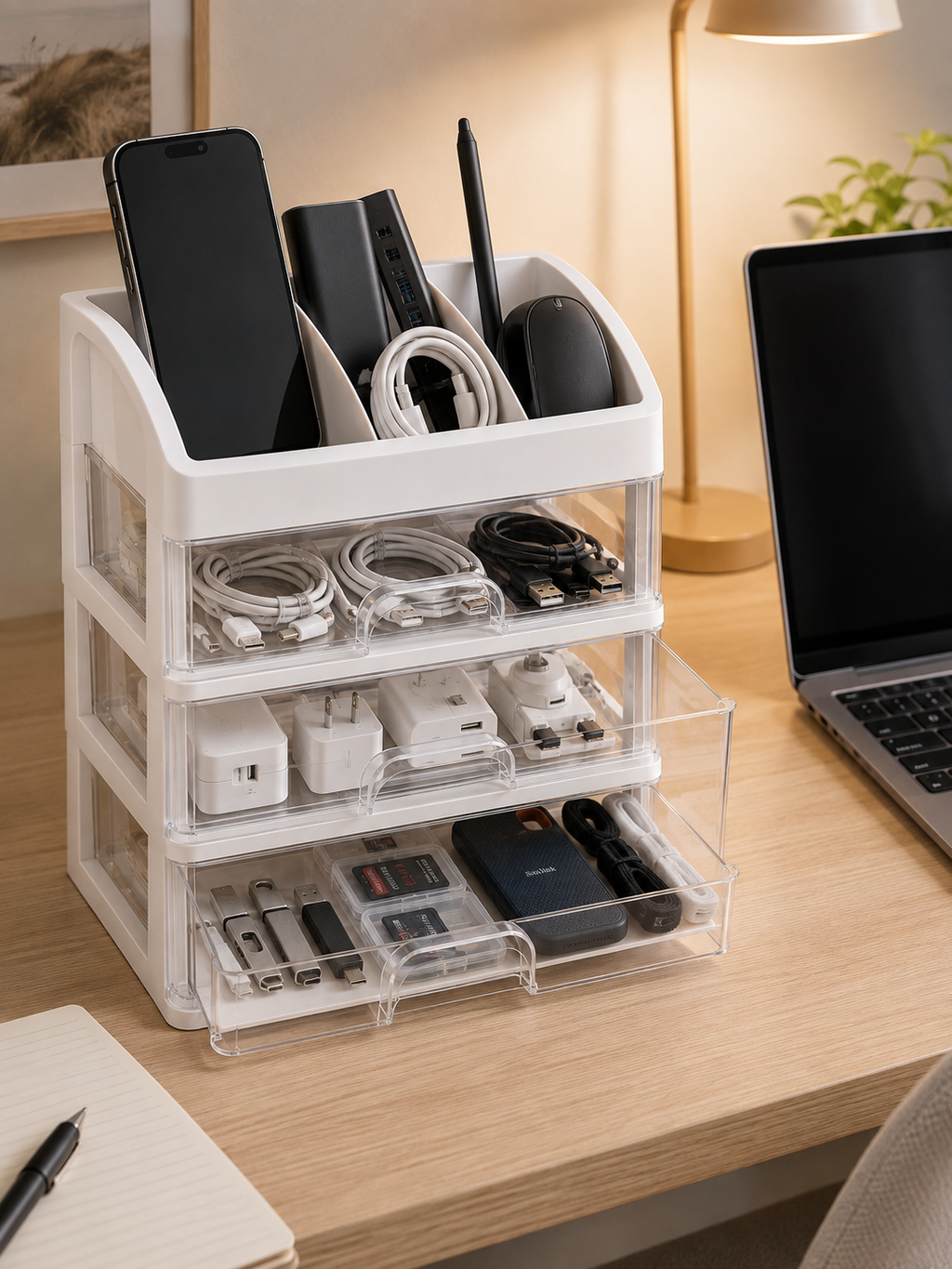 Multi-Layer Desk & Bedroom Organizer with Drawers – 4-Tier Desktop Storage Box | White