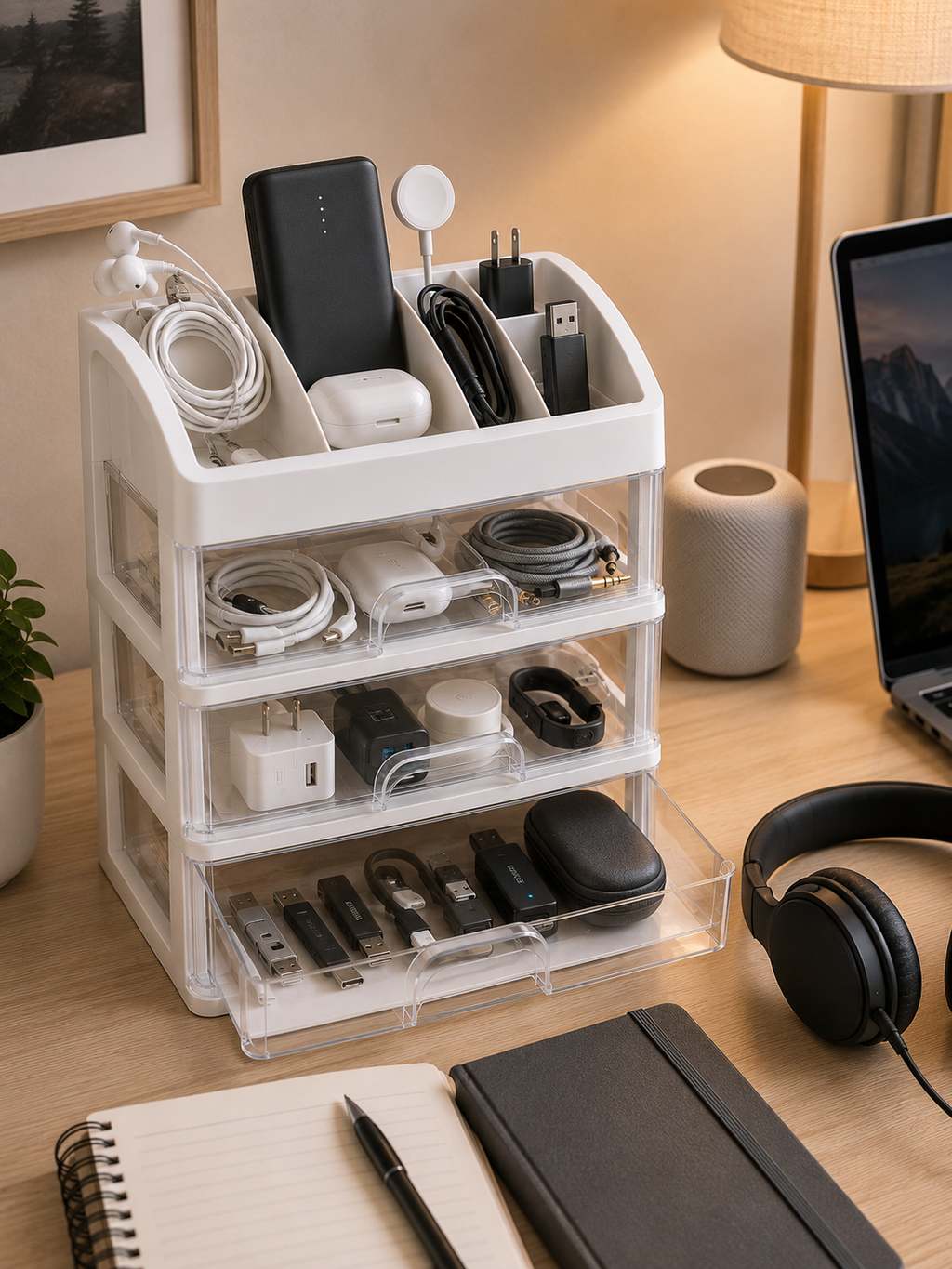 Multi-Layer Desk & Bedroom Organizer with Drawers – 4-Tier Desktop Storage Box | White