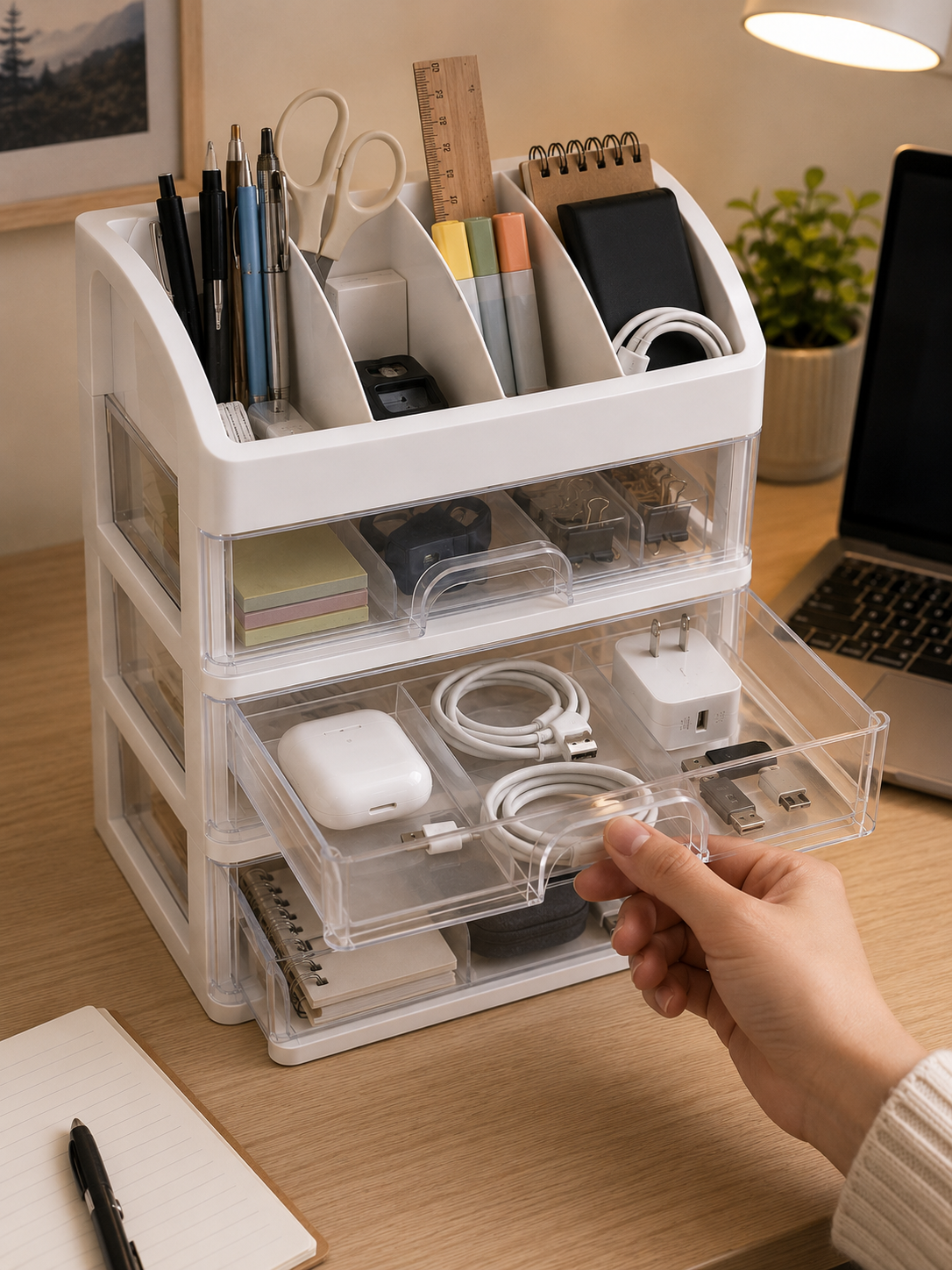 Multi-Layer Desk & Bedroom Organizer with Drawers – 4-Tier Desktop Storage Box | White