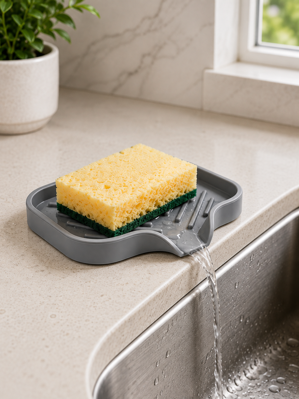 Silicone Sink Mat with Water Drainage – Anti-Slip Draining Pad for Sponge, Soap & Soap Dispenser | Kitchen Sink Organizer | Gray