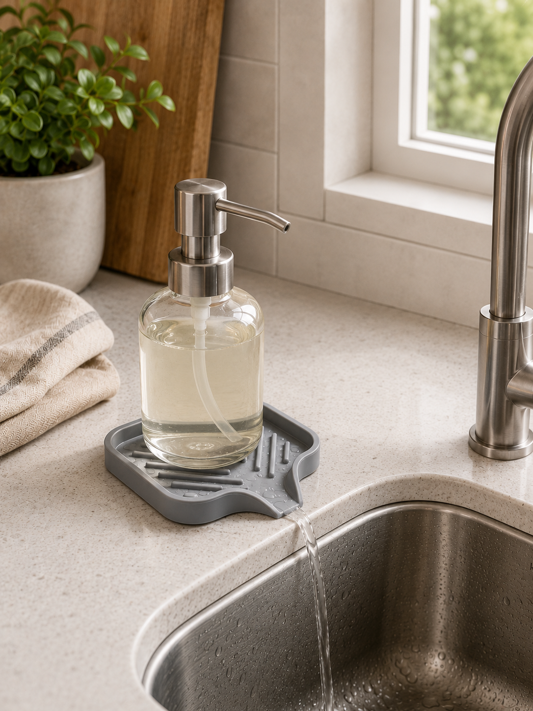 Silicone Sink Mat with Water Drainage – Anti-Slip Draining Pad for Sponge, Soap & Soap Dispenser | Kitchen Sink Organizer | Gray