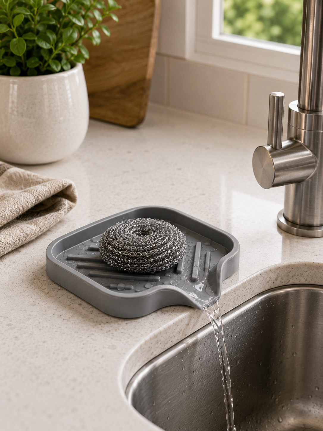 Silicone Sink Mat with Water Drainage – Anti-Slip Draining Pad for Sponge, Soap & Soap Dispenser | Kitchen Sink Organizer | Gray