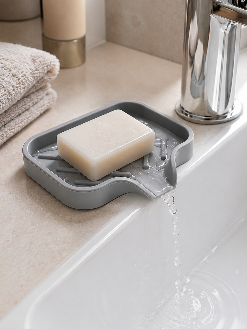 Silicone Sink Mat with Water Drainage – Anti-Slip Draining Pad for Soap Dispenser & Soap Bar | Bathroom Organizer | Gray