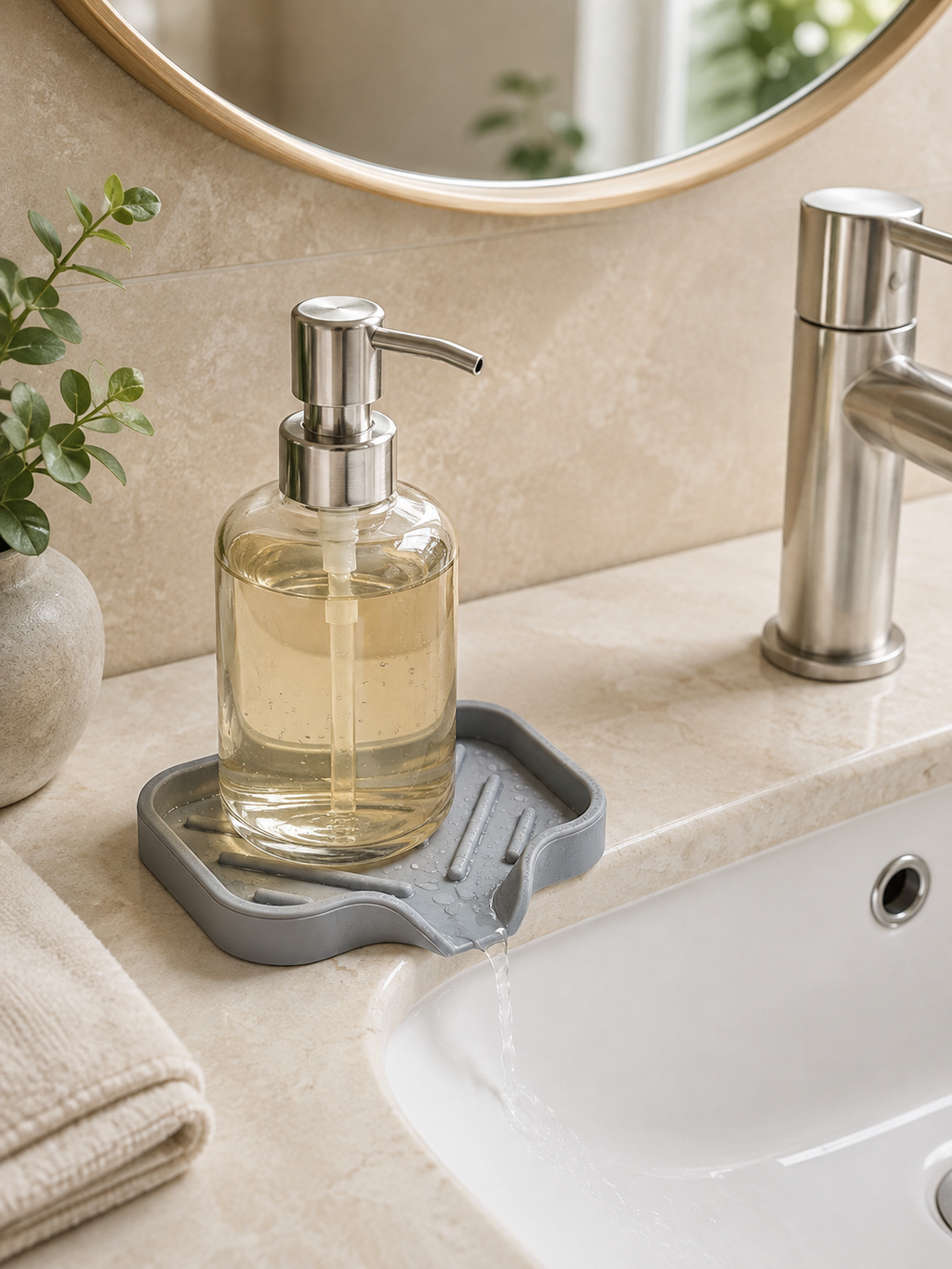 Silicone Sink Mat with Water Drainage – Anti-Slip Draining Pad for Soap Dispenser & Soap Bar | Bathroom Organizer | Gray