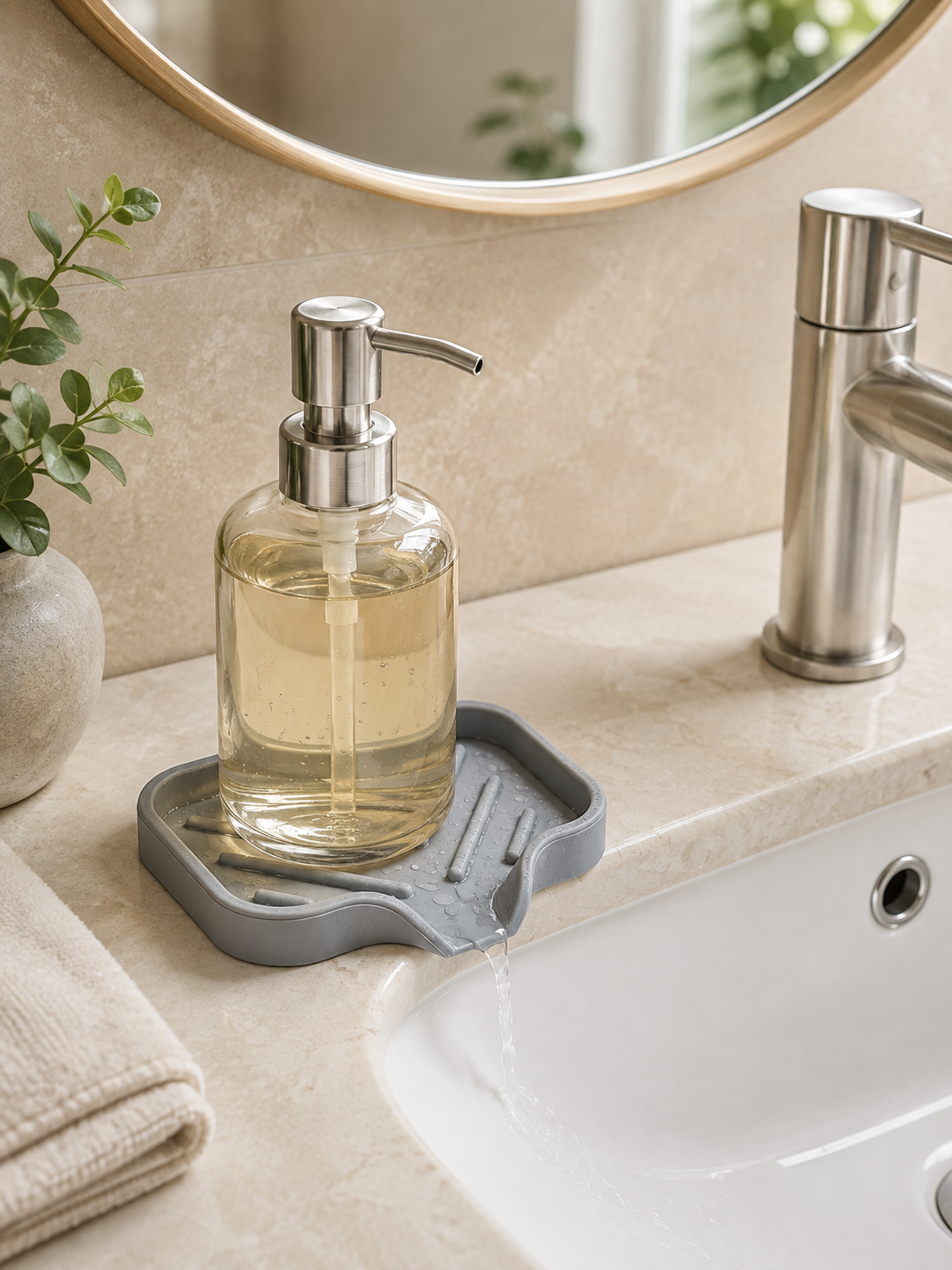 Silicone Sink Mat with Water Drainage – Anti-Slip Draining Pad for Soap Dispenser & Soap Bar | Bathroom Organizer | Gray