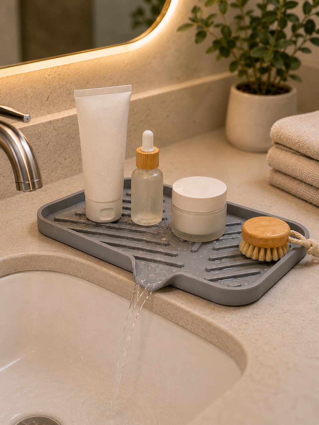 Bathroom Silicone Sink Draining Mat – Large Anti-Slip Draining Tray for Soap Dispenser, Toothbrush Cup & Skincare | Counter Organizer | Gray