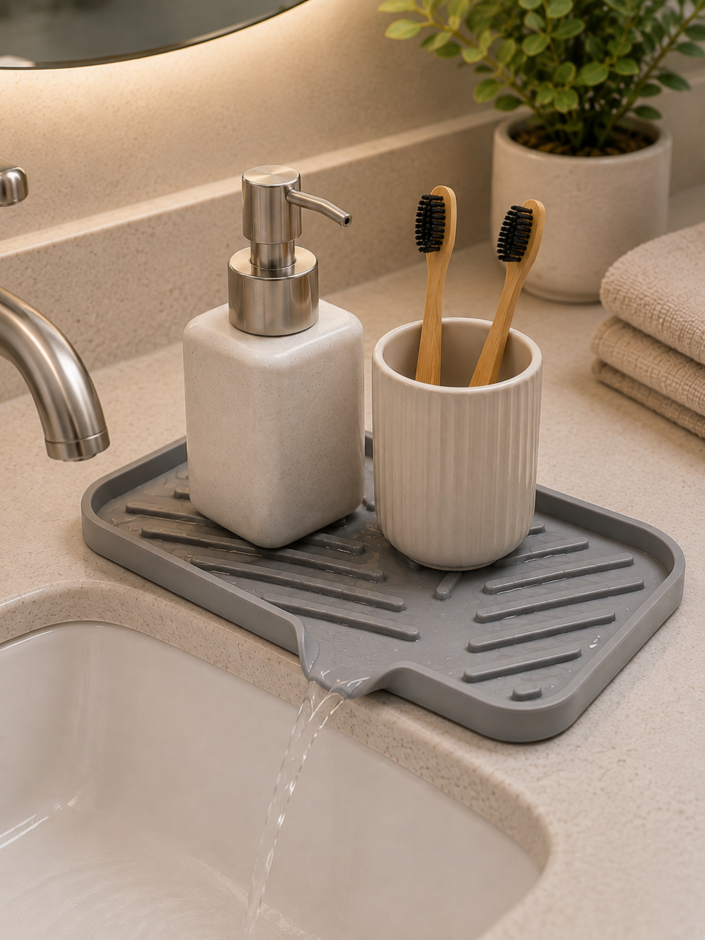 Bathroom Silicone Sink Draining Mat – Large Anti-Slip Draining Tray for Soap Dispenser, Toothbrush Cup & Skincare | Counter Organizer | Gray