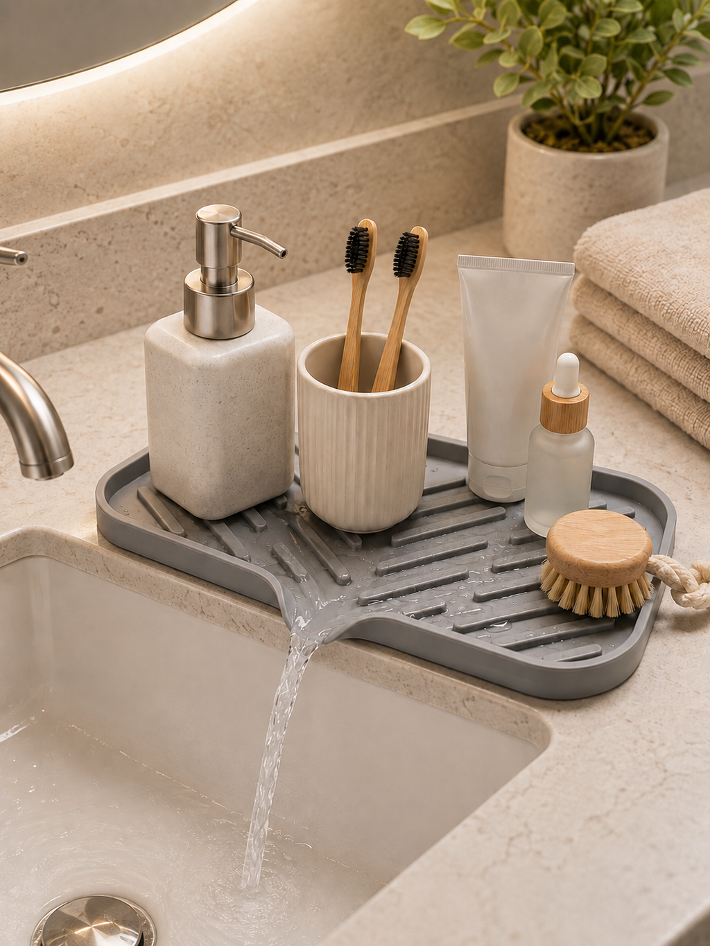 Bathroom Silicone Sink Draining Mat – Large Anti-Slip Draining Tray for Soap Dispenser, Toothbrush Cup & Skincare | Counter Organizer | Gray