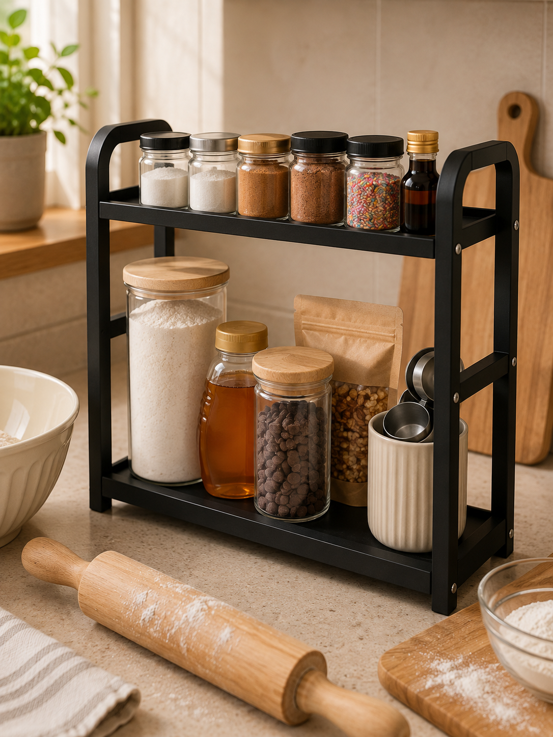 2-Tier Kitchen Counter Rack Organizer – Rustproof Metal Storage for Spices, Oils, Coffee Station & Tall Bottles | Black