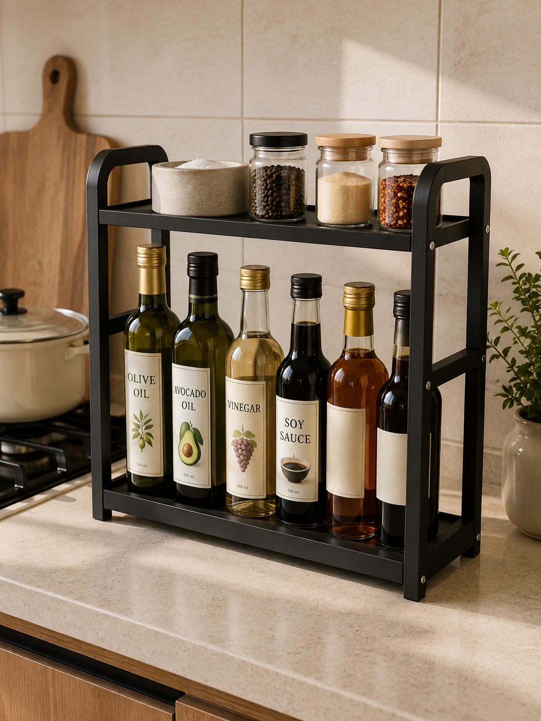 2-Tier Kitchen Counter Rack Organizer – Rustproof Metal Storage for Spices, Oils, Coffee Station & Tall Bottles | Black
