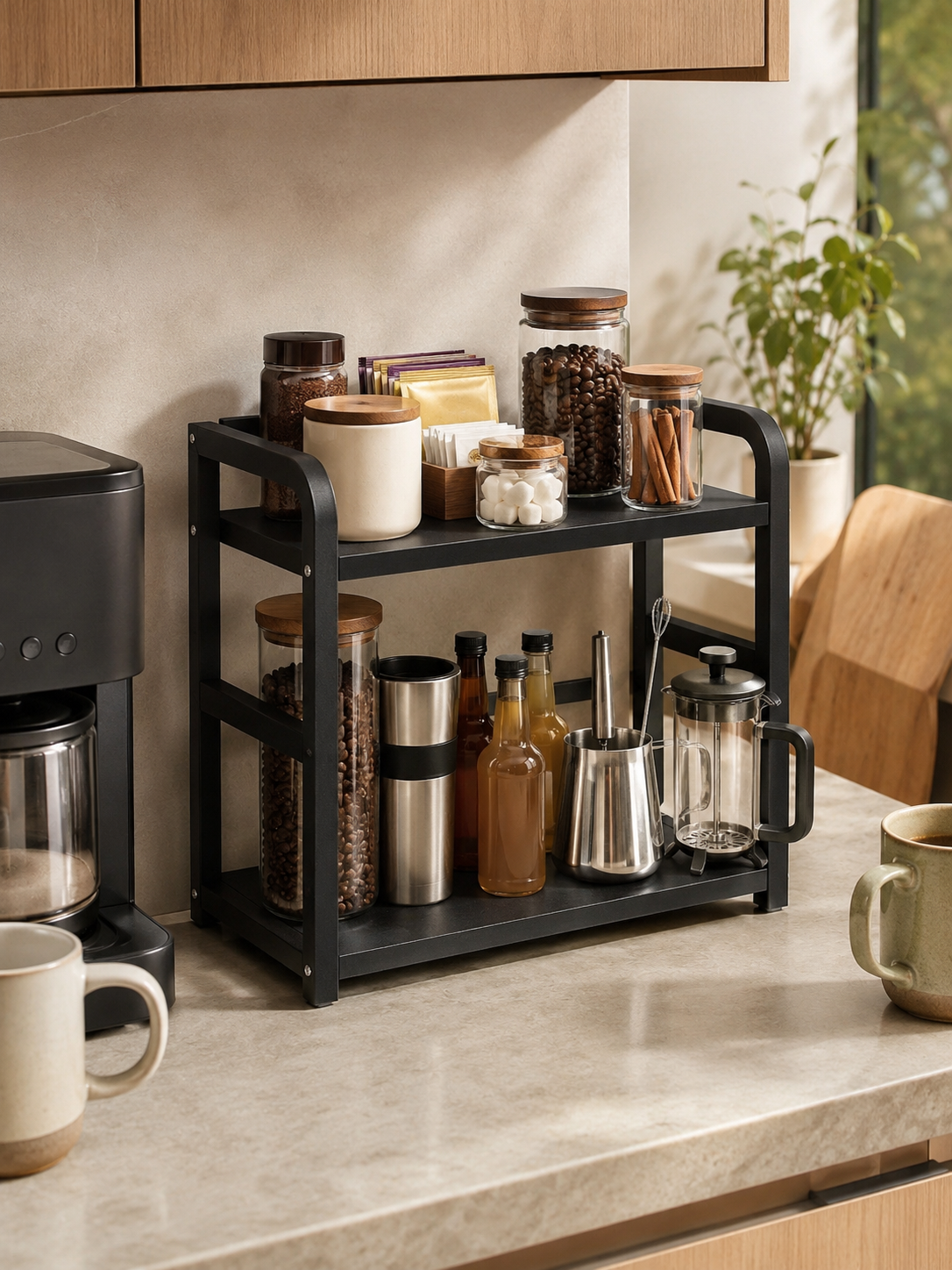 2-Tier Kitchen Counter Rack Organizer – Rustproof Metal Storage for Spices, Oils, Coffee Station & Tall Bottles | Black