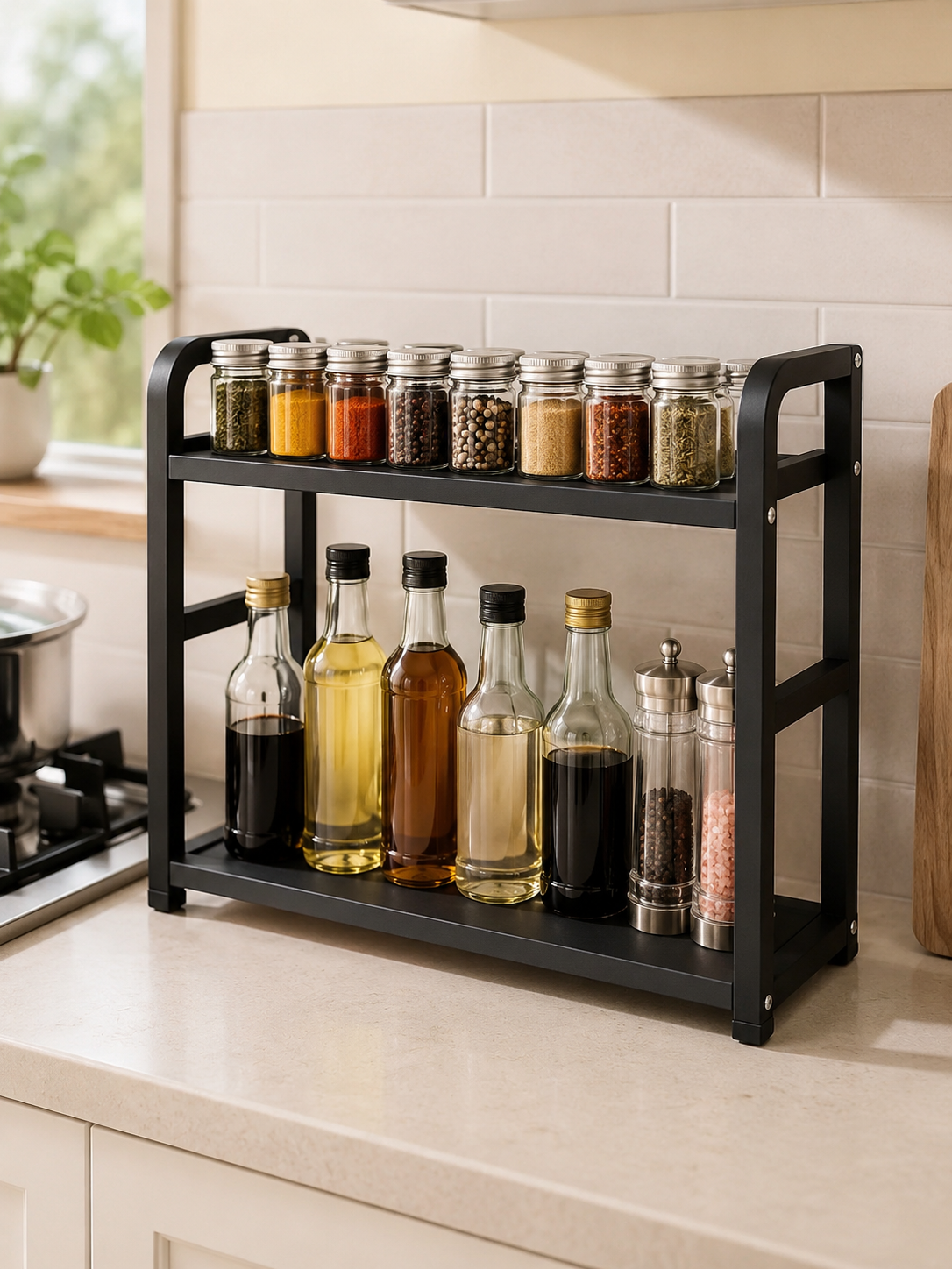 2-Tier Kitchen Counter Rack Organizer – Rustproof Metal Storage for Spices, Oils, Coffee Station & Tall Bottles | Black