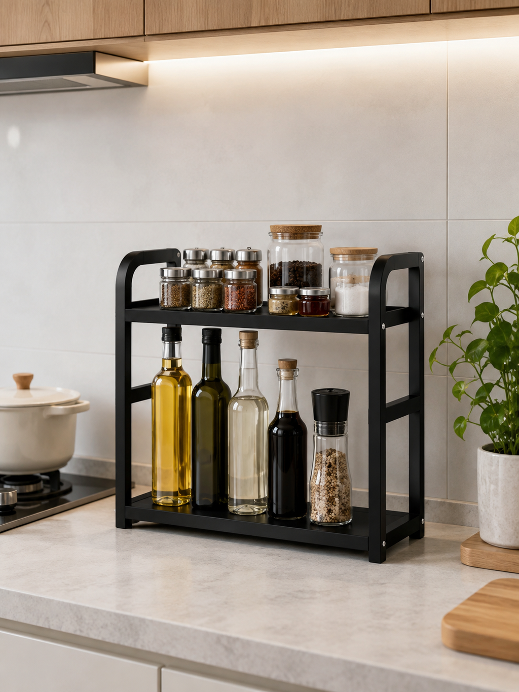 2-Tier Kitchen Counter Rack Organizer – Rustproof Metal Storage for Spices, Oils, Coffee Station & Tall Bottles | Black