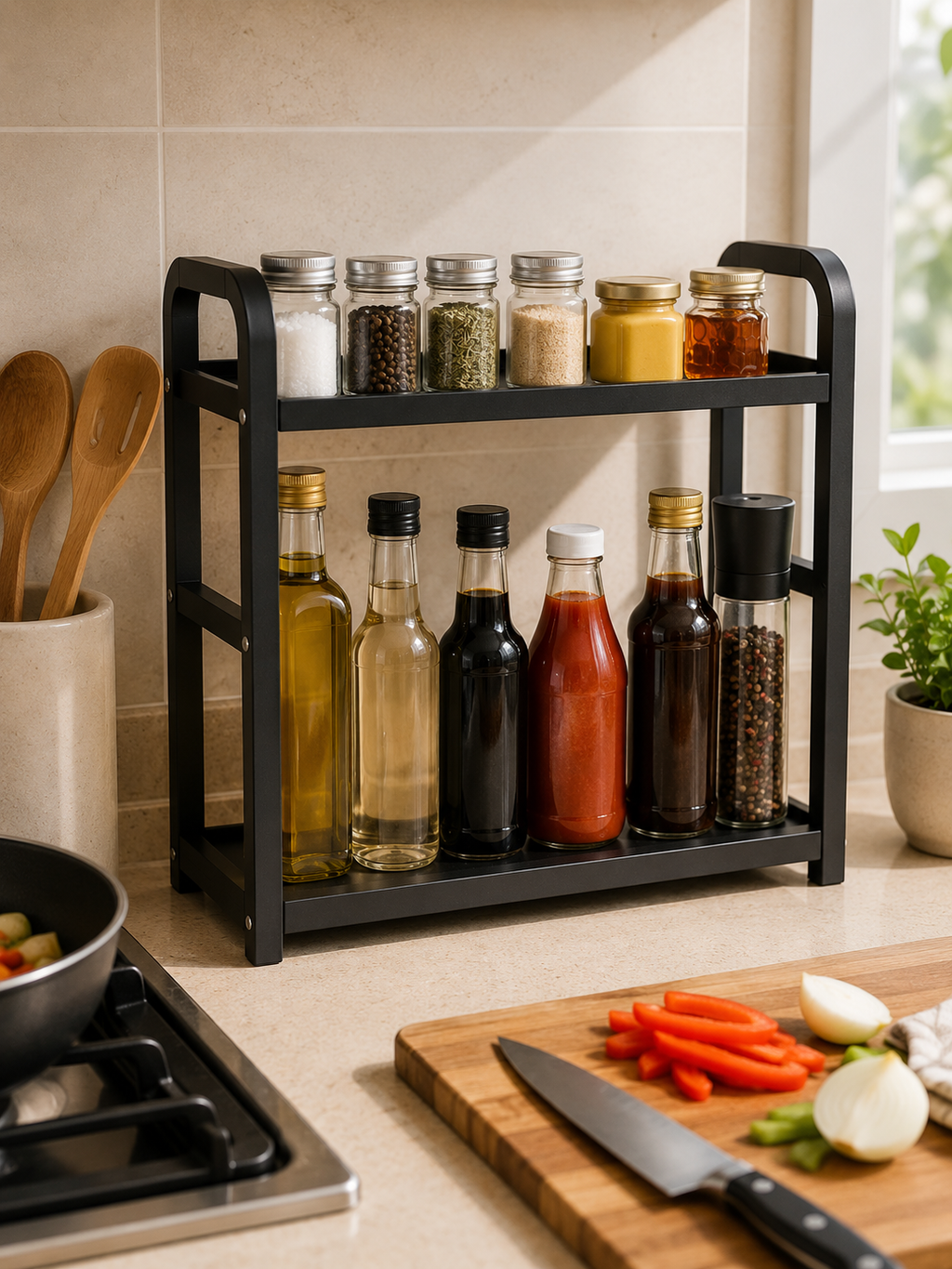 2-Tier Kitchen Counter Rack Organizer – Rustproof Metal Storage for Spices, Oils, Coffee Station & Tall Bottles | Black