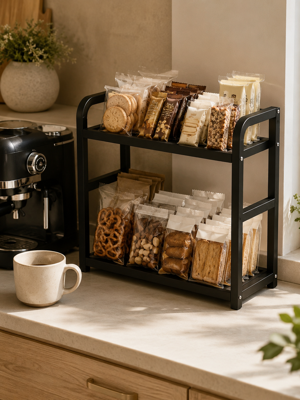 Stainless steel Snack & Kitchen Container Organizer – 2-Tier Rustproof Metal Counter Rack for Chip Bags, Granola Bars, Nuts & Packaged Foods | Black