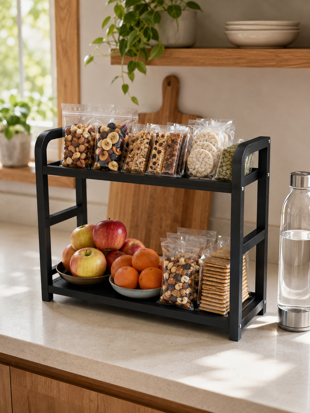 Stainless steel Snack & Kitchen Container Organizer – 2-Tier Rustproof Metal Counter Rack for Chip Bags, Granola Bars, Nuts & Packaged Foods | Black