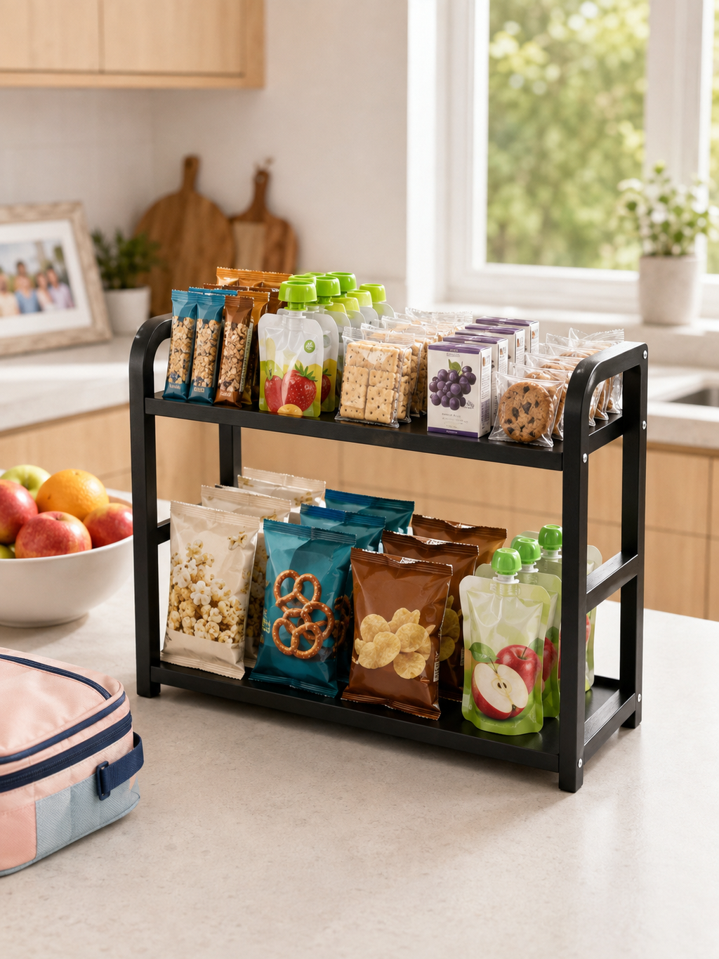 Stainless steel Snack & Kitchen Container Organizer – 2-Tier Rustproof Metal Counter Rack for Chip Bags, Granola Bars, Nuts & Packaged Foods | Black