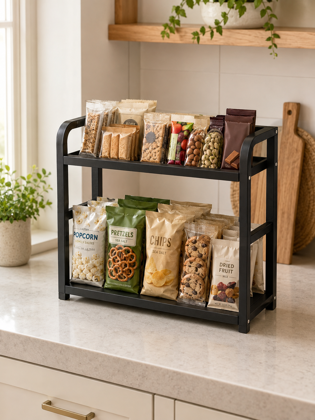Stainless steel Snack & Kitchen Container Organizer – 2-Tier Rustproof Metal Counter Rack for Chip Bags, Granola Bars, Nuts & Packaged Foods | Black
