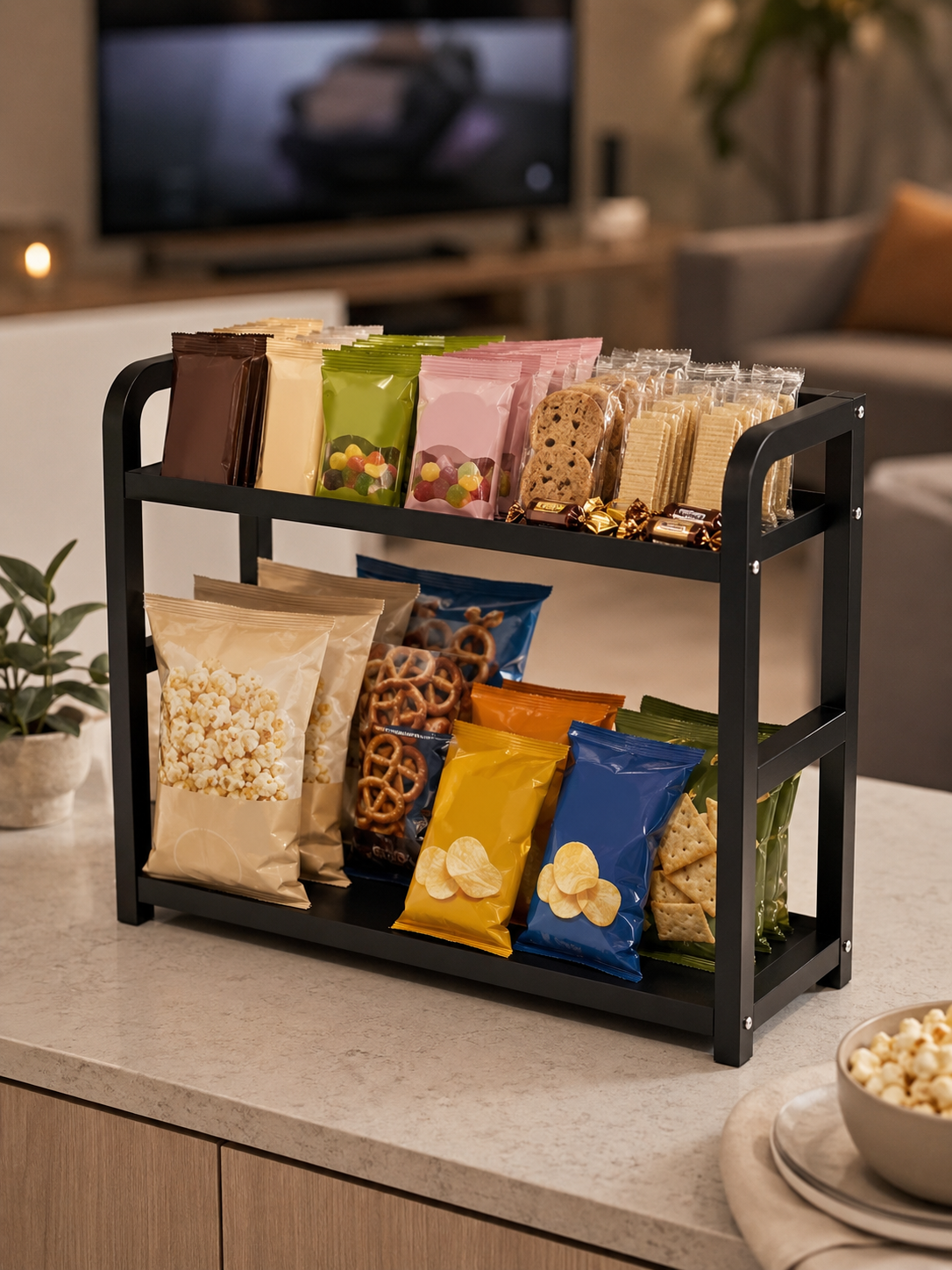 Stainless steel Snack & Kitchen Container Organizer – 2-Tier Rustproof Metal Counter Rack for Chip Bags, Granola Bars, Nuts & Packaged Foods | Black
