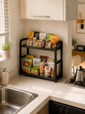 Stainless steel Snack & Kitchen Container Organizer – 2-Tier Rustproof Metal Counter Rack for Chip Bags, Granola Bars, Nuts & Packaged Foods | Black
