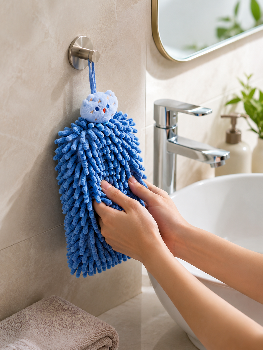 |Bathroom | Chenille Hanging Hand Towel – Ultra-Absorbent Quick-Dry Microfiber Towel with Loop | Blue |